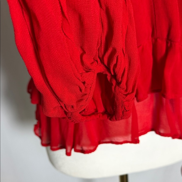 Farm Rio Red Pleated Peplum Shell Peplum Blouse Size L Long Sleeve Night Out EUC - Picture 4 of 13